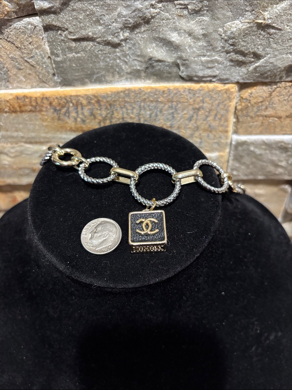Two-Tone Interlocking Circle Necklace with CC Pendant - Gold & Silver - Picture 9 of 9
